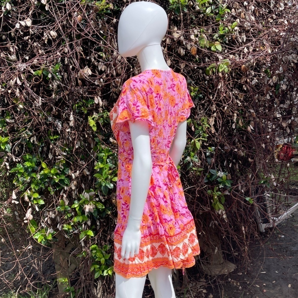 Zessica Floral Print Total Wrap Mini Dress Size Medium In Orange & Pink - Picture 6 of 10